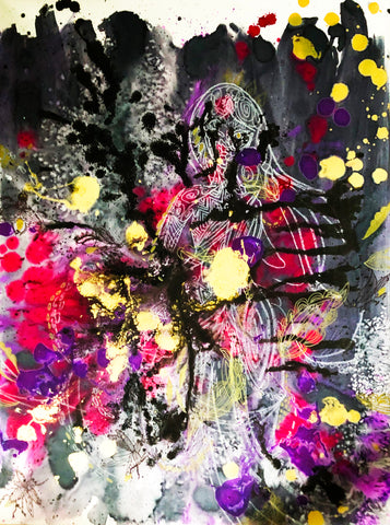 I'm about to set fire to everything I see, China marker, watercolor, glitter paint and marker on paper painting by Cerulean Arts Collective member Navanjali Kelsey