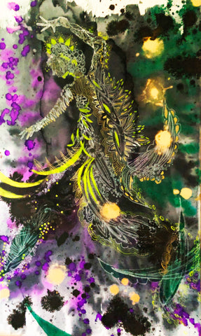 It was as if lava had flown down the right side of her visage destroying everything in its path, China marker, watercolor and gouache on paper painting by Cerulean Arts Collective member Navanjali Kelsey