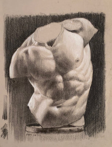 Gaddi Torso, charcoal and chalk on toned paper drawing by New Jersey artist Roberto Osti