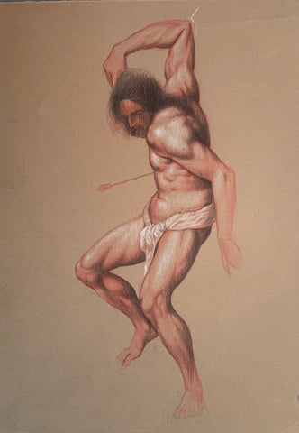 St. Sebastian (after Titian), red, black & white colored pencils on toned paper drawing by New Jersey artist Roberto Osti