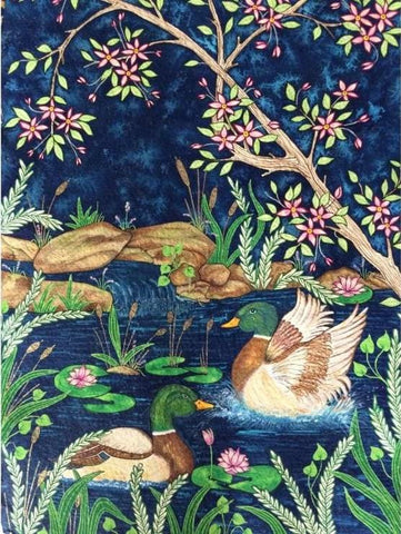 Ducks,&nbsp;gouache on handmade paper painting by Pennsylvania artist Rinal Parikh. Included in the exhibition Fine Feathered Friends at Cerulean Arts March 26 - April 20, 2025.