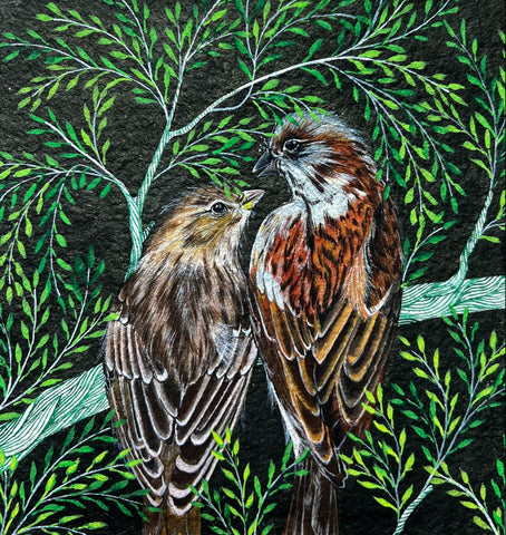 Quiet Connection, acrylic gouache on handmade paper painting by Pennsylvania artist Rinal Parikh. Included in the exhibition Fine Feathered Friends at Cerulean Arts March 26 - April 20, 2025.