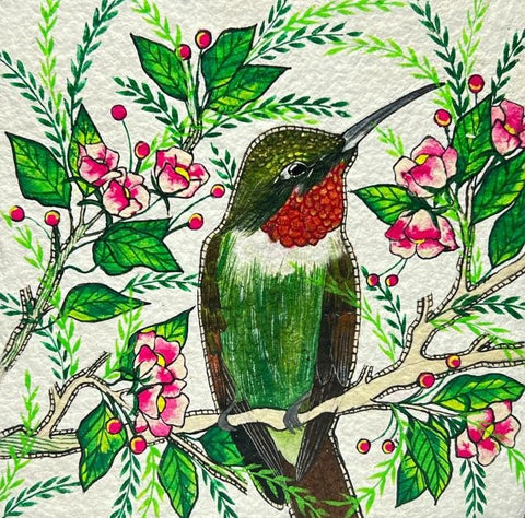 Ruby, acrylic gouache on handmade paper painting by Pennsylvania artist Rinal Parikh. Included in the exhibition Fine Feathered Friends at Cerulean Arts March 26 - April 20, 2025.