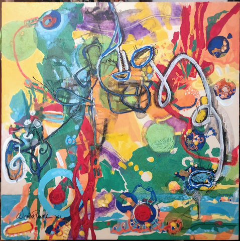 Abundance, acrylic and collage on board painting by Philadelphia artist Wanda Payne.