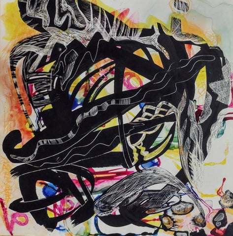 Life Is Moving Fast, India ink and color ink on Masonite scratch panel by Philadelphia artist Wanda Payne