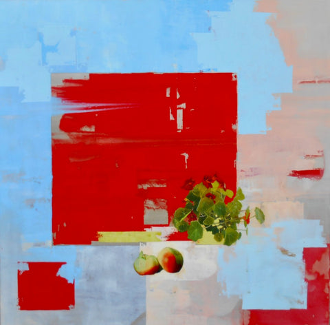 Nasturtium & Rose Apples on Red, Blue & Pink, oil on mulberry paper on canvas painting by artist Christina Penrose. Included in the exhibition, REUNION (Once Upon a Time in Philadelphia), at Cerulean Arts February 26 - March 24, 2025.