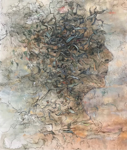 Fertile Mind, acrylic, pastel and charcoal mixed media drawing by Cerulean Arts Collective Member Ginny Perry