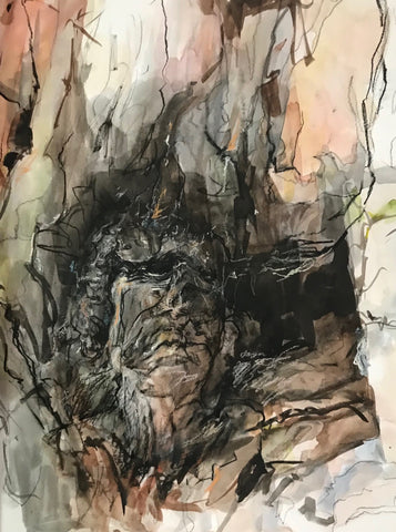 Osage Tree on the Canal, ink, pastel and charcoal mixed media drawing on paper Cerulean Arts Collective Member Ginny Perry