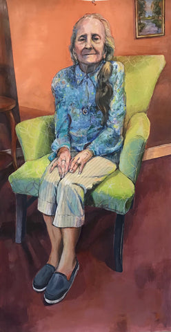 Patrice and the Green Chair, acrylic, plaster &amp; pastel floral painting by Cerulean Arts Collective Member Ginny Perry