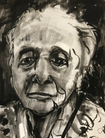 Patrice in Black, ink on paper painting by Cerulean Arts Collective Member Ginny Perry
