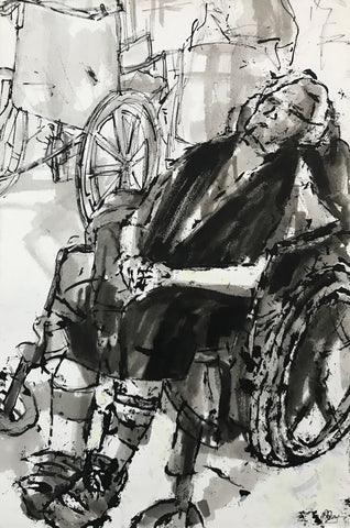 Sleepy Mary, ink and acrylic on paper painting Cerulean Arts Collective Member Ginny Perry