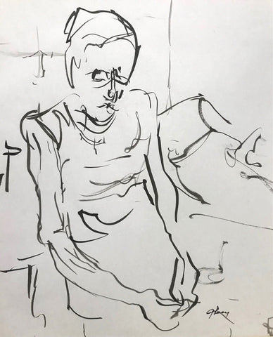 Waiting, ink on paper drawing by Cerulean Arts Collective Member Ginny Perry