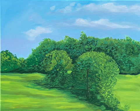 Far Away Woods, August, acrylic on linen landscape painting by Cerulean Arts Collective Member Mary Powers-Holt