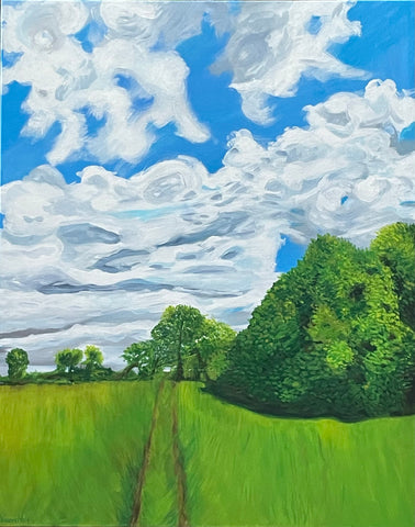Green Woods in May, acrylic on linen landscape painting by Cerulean Arts Collective Member Mary Powers-Holt