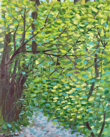 In the Woods Picnic Area, June, acrylic on aluminum panel landscape painting by Cerulean Arts Collective Member Mary Powers-Holt