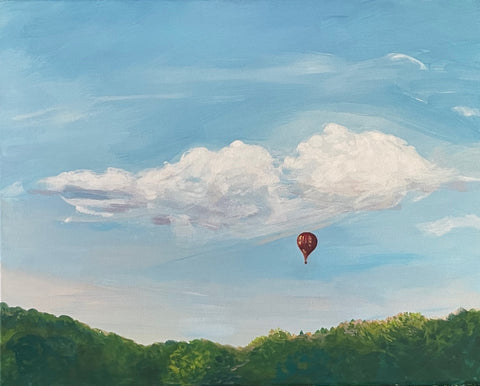 July 19 Balloon Ride, acrylic on linen landscape painting by Cerulean Arts Collective Member Mary Powers-Holt