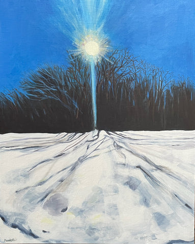 Swirling Snow and Sun, February, acrylic on linen on board landscape painting by Cerulean Arts Collective Member Mary Powers-Holt