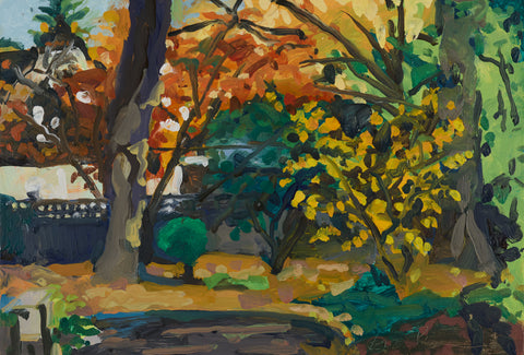 Backyard with Fence, oil on panel painting by Cerulean Arts Collective Member Liz Price.