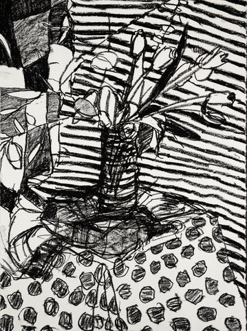Flowers in Vase (Stripes and Dots), charcoal on paper drawing by Cerulean Arts Collective Member Liz Price.