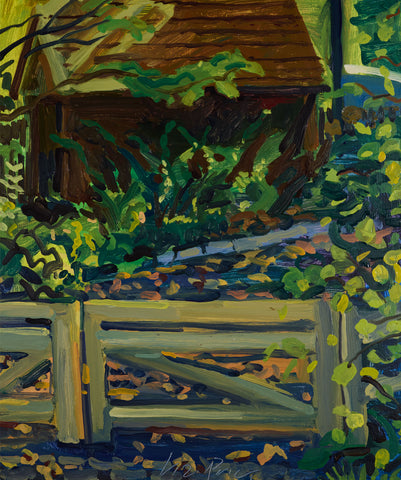 Gate and Garden Shed, oil on panel painting by Cerulean Arts Collective Member Liz Price.