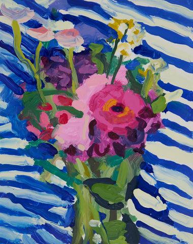 Pink Flowers and Blue Stripes, oil on panel painting by Cerulean Arts Collective Member Liz Price.