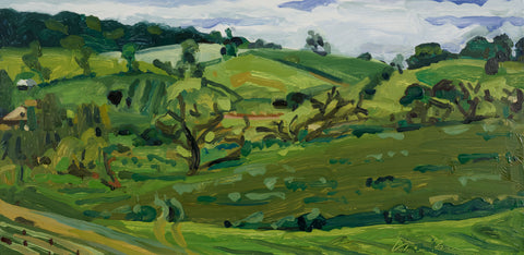 View from the Hill (Joy's Farm), oil on panel painting by Cerulean Arts Collective Member Liz Price.