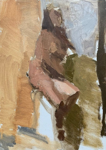 Seated Nude Orange & Green, oil on canvas panel painting by Philadelphia artist Carolyn Pyfrom
