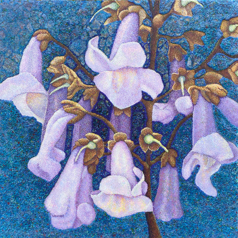 Invasive Beauty #10, acrylic, shattered tempered glass and glass bead on canvas painting by Cerulean Arts Collective member Elynne Rosenfeld.