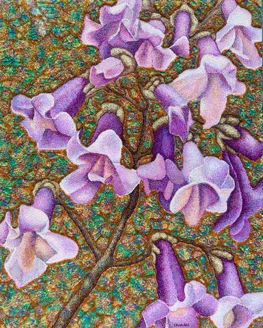 Invasive Beauty #15, acrylic, shattered tempered glass and glass bead on canvas painting by Cerulean Arts Collective member Elynne Rosenfeld.