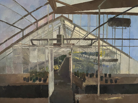 Greenhouse with Flowers, oil on linen painting by Cerulean Arts Collective Member Sean Sauer