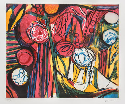 Bird's Nest, etching with aquatint, drypoint and engraving in four colors by Philadelphia artist Bill Scott. Included in the exhibition Love Letters to an Unknowable Future - Paintings and Works on Paper, at Cerulean Arts April 23 - May 18, 2025.