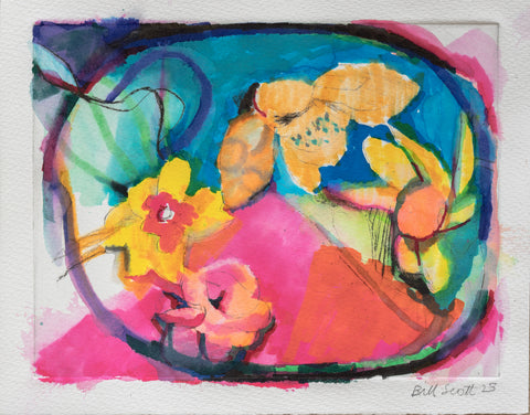 Daffodil I, watercolor over drypoint work on paper by Philadelphia artist Bill Scott.&nbsp; Included in the exhibition Love Letters to an Unknowable Future - Paintings and Works on Paper, at Cerulean Arts April 23 - May 18, 2025.