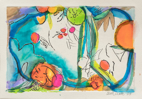 Fruit and Beans, watercolor over drypoint work on paper by Philadelphia artist Bill Scott.&nbsp; Included in the exhibition Love Letters to an Unknowable Future - Paintings and Works on Paper, at Cerulean Arts April 23 - May 18, 2025.