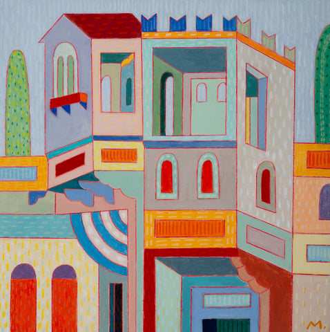 Balcony, acrylic and color pencil on panel painting by Cerulean Arts Collective member Michael Smith