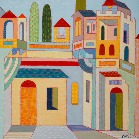 Byzantine Backdrop, acrylic and color pencil on panel painting by Cerulean Arts Collective member Michael Smith