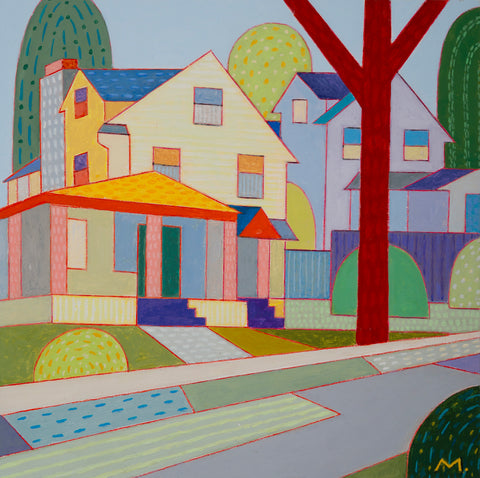 Chestnut Ave, acrylic and color pencil on panel painting by Cerulean Arts Collective member Michael Smith