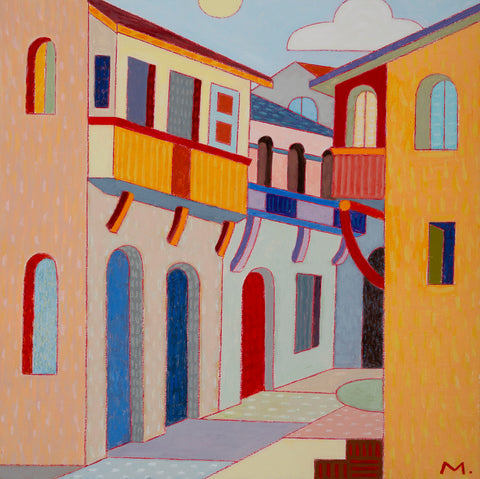 Early Italian, acrylic and color pencil on panel painting by Cerulean Arts Collective member Michael Smith