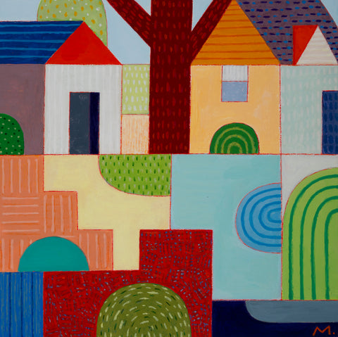 Neighbors, acrylic and color pencil on panel painting by Cerulean Arts Collective member Michael Smith
