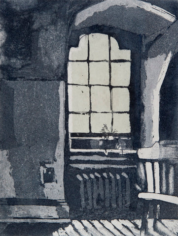 Blue Room on a Rainy Day, aquatint etching with chine collé on paper print by Cerulean Arts Collective Member Christine Stoughton
