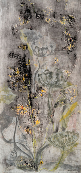 Grandmother's Garden, hand-colored collagraph, monotype; collage print on paper print by Cerulean Arts Collective Member Christine Stoughton