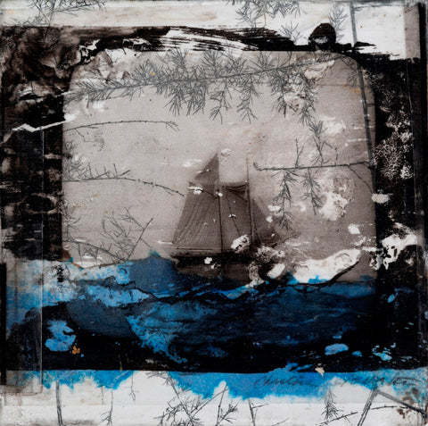 The End of the Day, monotype print with image transfer and collage on wood panel by Cerulean Arts Collective Member Christine Stoughton