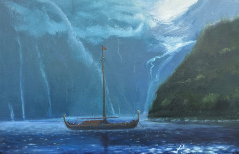 Anchored in the Shelter, oil on linen seascape painting by Cerulean Arts Collective Member Joseph Sweeney
