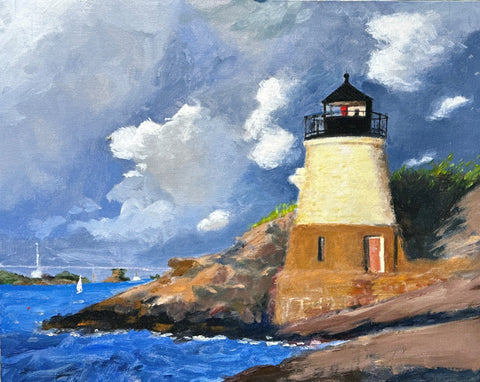 Castle Hill Light House, Newport, Rhode Island, acrylic on canvas panel painting by Cerulean Arts Collective Member Joseph Sweeney