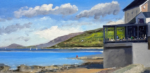 Restaurants on the Bay, acrylic on linen panel painting by Cerulean Arts Collective Member Joseph Sweeney