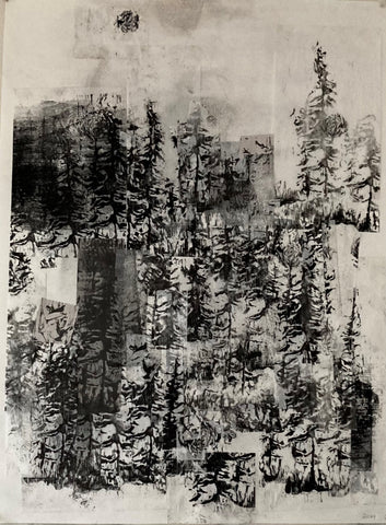 The Moon Lights the Way Through the Trees, collage and woodcut print by Carol Tashijian