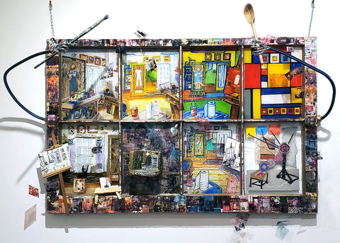 Stew Studio, reverse oil painting on window with mixed media, collage, found and handmade objects and film by Cerulean Arts Collective Member Carol Taylor-Kearney.