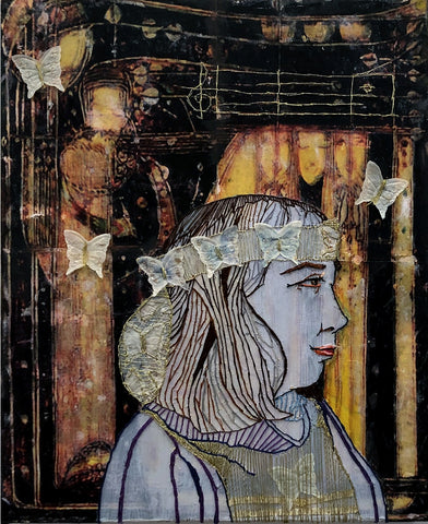 Armored: After Margaret Macdonald, oil, transfer print, and embroidery on canvas painting by Cerulean Arts Collective Member Carol Taylor-Kearney