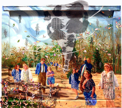 Memory is a Vortex, reverse oil painting on window with collaged paper and screen by Cerulean Arts Collective Member Carol Taylor-Kearney