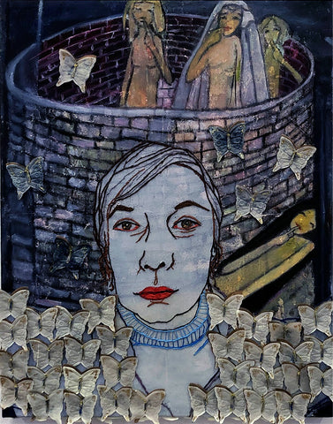 Romance: After Frances Macdonald, oil, transfer print, and embroidery on canvas painting by Cerulean Arts Collective Member Carol Taylor-Kearney