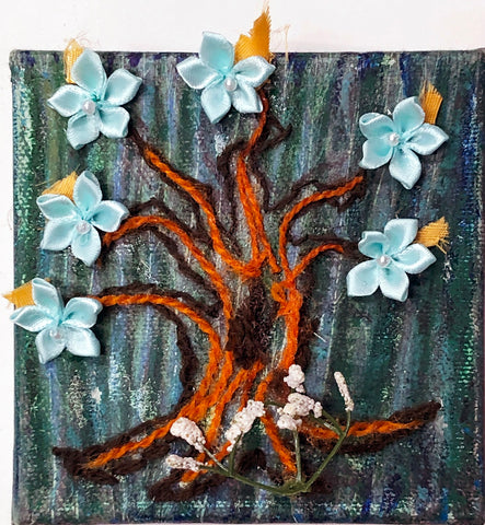 Tree of Life, oil paint with embroidery on canvas painting by Cerulean Arts Collective Member Carol Taylor-Kearney